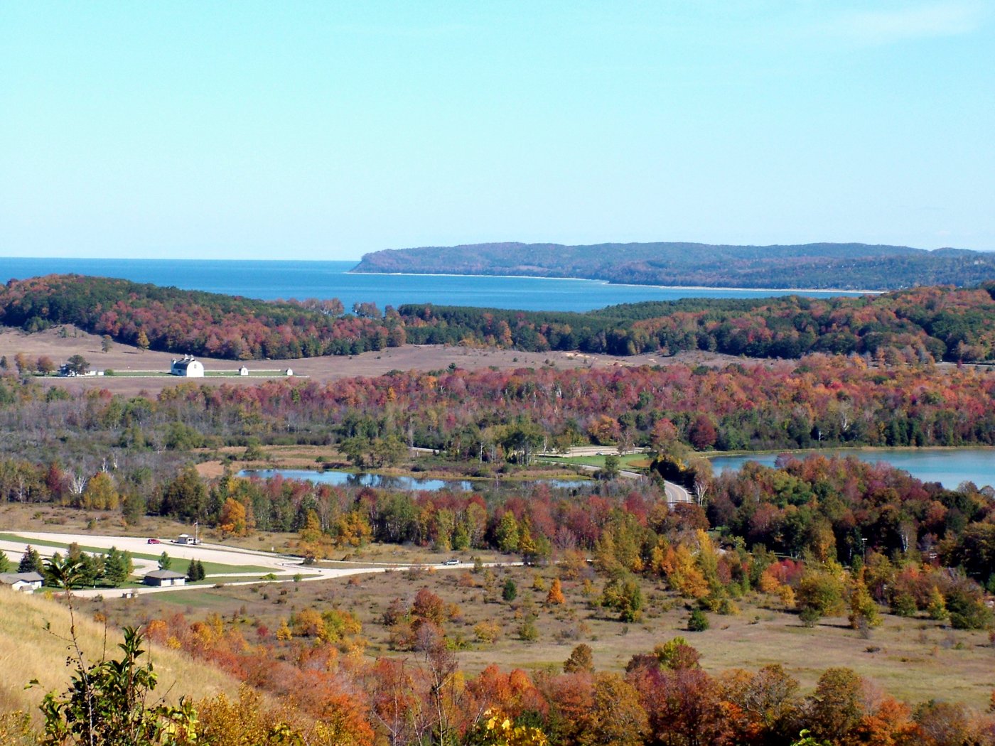 Glen Lake and the Sleeping Bear Dunes in fall color, near Glen Arbor, Michigan