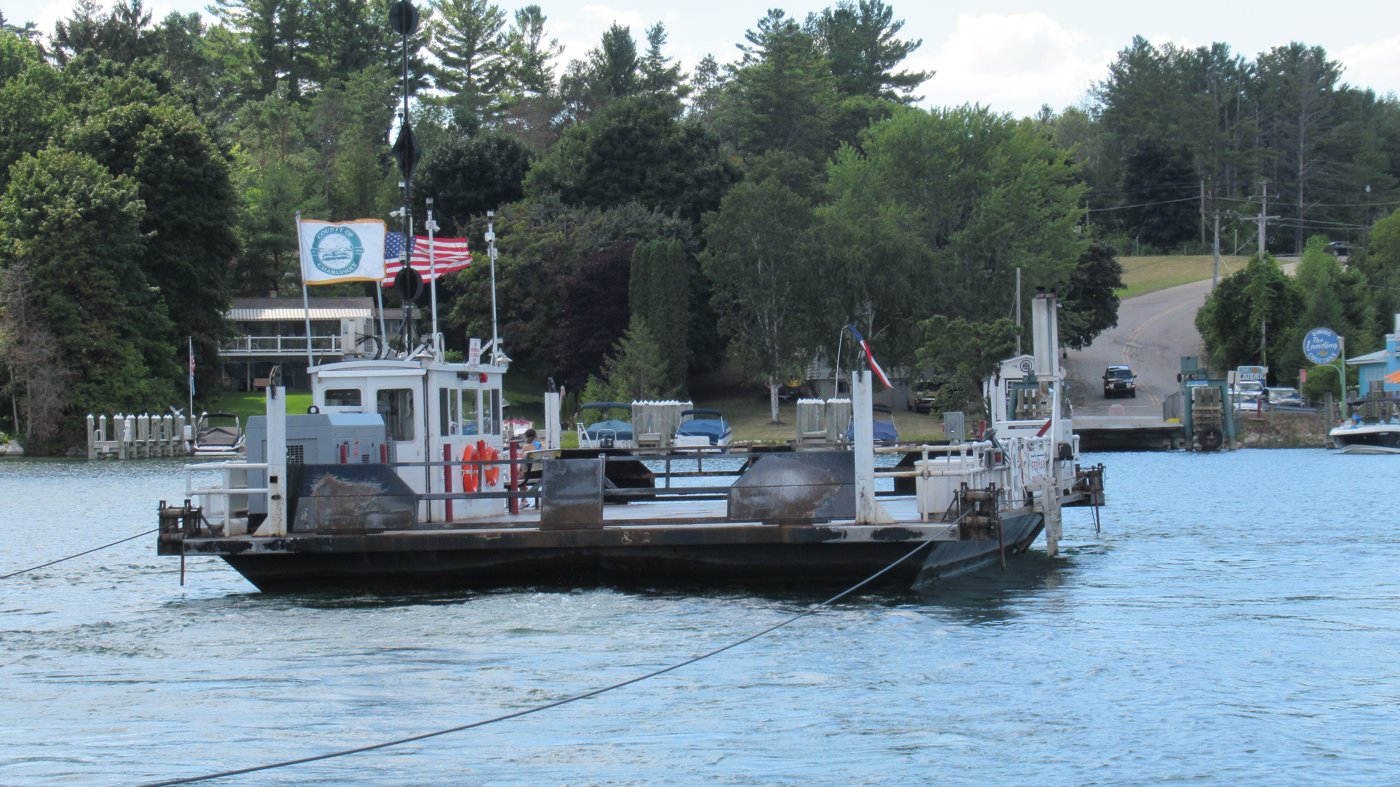 The Ironton Ferry crossing the south arm of Lake Charlevoix at Ironton, Michigan